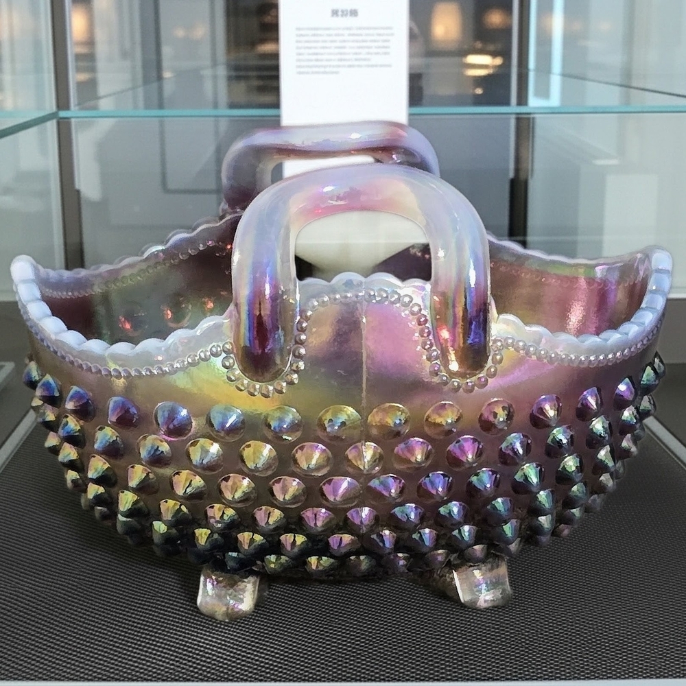 Fenton Iridescent Glass Basket with Purple and Gold Hues